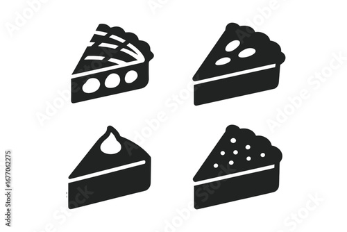Pie slice solid icon set. Variety of sweet dessert pastry. Vector glyph symbols of apple, cherry, pumpkin, blueberry pie. Food illustration for bakery menu, cooking.