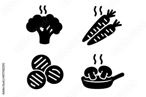 Cooked vegetable solid glyph icon set. Healthy food, nutrition, diet, and meal preparation concept. Includes steamed broccoli, roasted carrots, grilled zucchini, sautéed mushrooms.