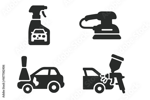 Car body repair solid icon set. Vehicle restoration, auto detailing, sanding, body filler, primer, and spray paint gun. Automotive service symbols for garage workshop.
