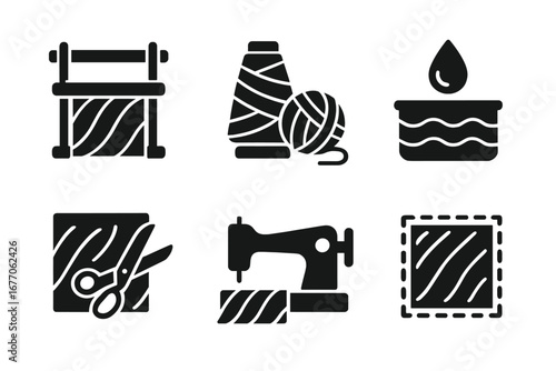 Textile production glyph icon set. Fabric manufacturing process. Weaving loom, yarn spool, dyeing, cutting scissors, sewing machine and pattern. Solid black vector silhouettes.