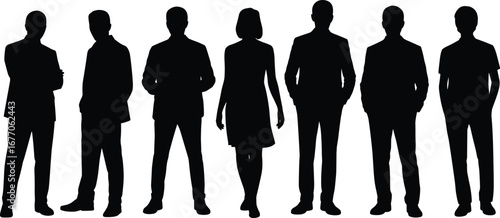 Silhouettes of business professionals, standing in line, teamwork, leadership, group collaboration, office culture, corporate diversity, company success, professional unity