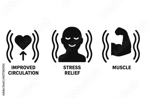 Vibration health benefits icon set. Vector symbols for improved circulation, stress relief, and muscle strength. Fitness plate therapy concept. Solid pictograms for wellness.