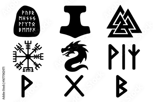 Viking symbols icon set. Norse mythology collection with Thor's hammer Mjolnir, Vegvisir compass, Valknut, rune stone, dragon. Scandinavian ancient spiritual glyphs vector.