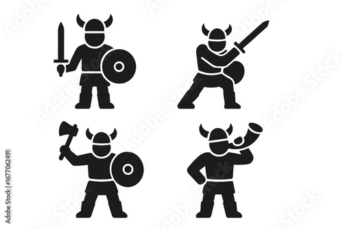 Viking warrior icon set. Norse character poses with sword, shield, axe, and horn. Solid black glyph silhouette collection for historical or fantasy design vector illustration.