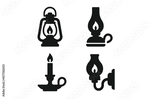Vintage light fixtures icon set. Solid black silhouette illustrations of classic oil lantern, kerosene lamp, candle holder, and gas wall sconce. Retro illumination concept.