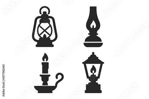 Set of vintage light icons. Kerosene oil lamp, candle holder, gas lantern silhouettes. Retro antique lighting vector illustration. Solid black pictogram collection for design.