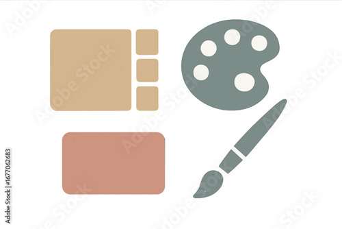 Vintage art palette and brush icons. Solid vector icon set with retro color swatches. Beige, dusty rose, muted blue colors. Antique style illustration for creative projects.