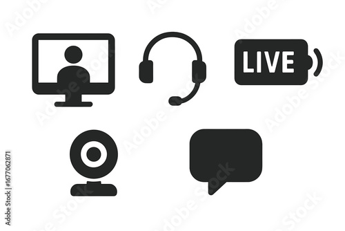 Virtual events glyph icon set for live streaming and webinars. Includes video conference on computer screen, headset, webcam, live button, and chat bubble vector pictograms.
