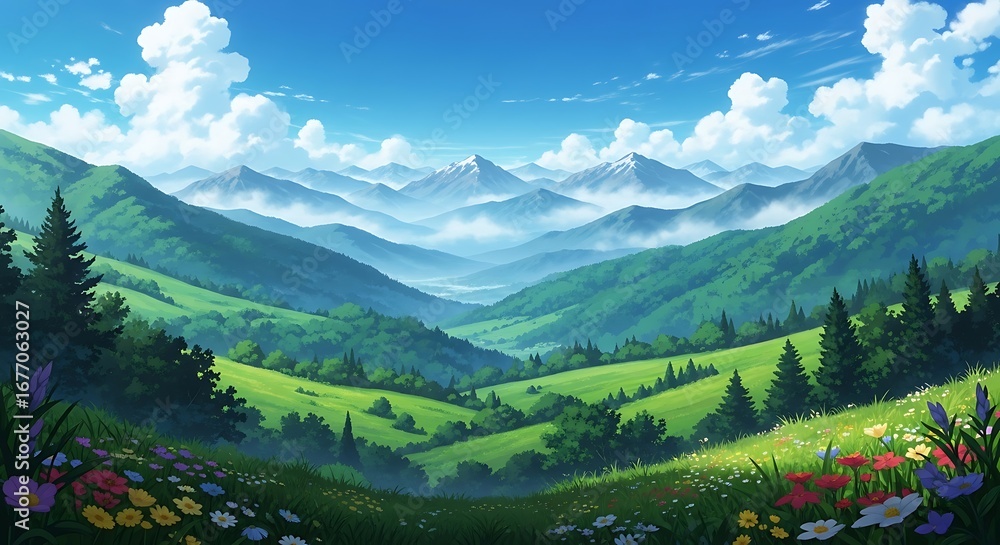 Fototapeta premium Serene Mountain Valley Landscape.