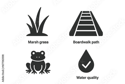 Wetland restoration solid icon set. Marsh grass, boardwalk path, frog, and water quality symbol collection. Vector illustration for ecology, conservation, and environment.