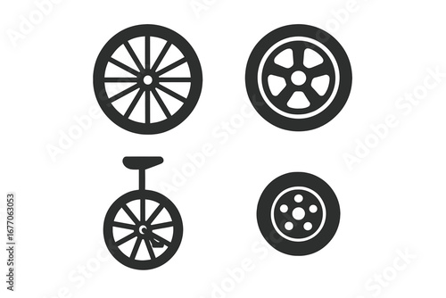 Wheel icon set vector collection. Solid glyph icons of transportation and sport. Car tire, unicycle, antique wagon wheel, racing rim, go-kart symbol. Automotive parts.