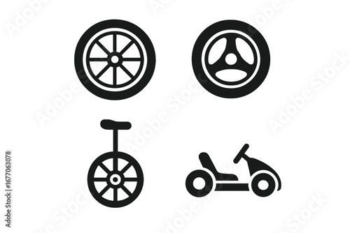 Wheel sport solid icons set. Glyph vector collection of wheeled activities. Includes bicycle wheel, racing tire, unicycle and go-kart pictogram. Transport and leisure symbols.