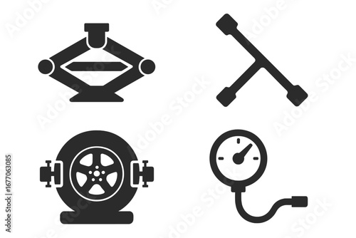 Car wheel service tool icon set. Solid glyph vector icons of scissor jack, lug wrench, wheel alignment machine, and tire pressure gauge for auto repair and maintenance concept.