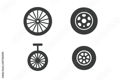 Wheel and tire icon set for sports and transport. Solid glyph vector icons collection. Bicycle wheel, car racing rim, unicycle, go-kart tire. Automotive graphic elements.