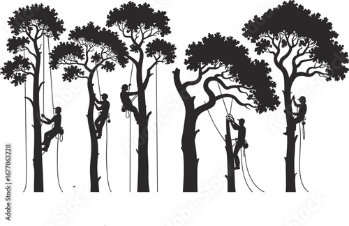 Tree climbers using rope access, arborist teamwork silhouette, black and white tree maintenance workers, forest arboriculture art, climbing professionals