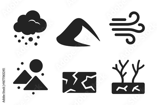 Wind erosion solid icons. Dust storm, sand dune, wind gust, desert, dry cracked soil, barren land. Concept of climate change, desertification, drought. Vector glyph symbols.