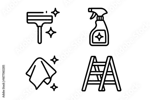Window cleaning outline icon set. Vector linear icons for glass cleaning service. Squeegee, spray cleaner, microfiber cloth, ladder symbols. Housework chores graphic elements.