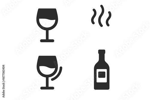 Wine tasting glyph icon set. Vector symbols for degustation, wine glass, bottle, aroma, and swirl. Sommelier elements for winery, bar menu, alcohol or beverage infographic.