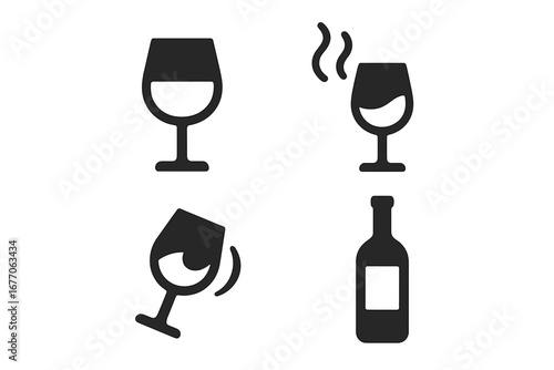Wine tasting solid icon set. Vector glyphs of wine glass, bottle, aroma, and swirl. Sommelier elements for winery, bar menu, restaurant. Alcohol beverage tasting guide.