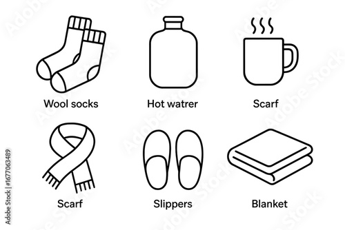 Cozy winter essentials line icon set. Vector graphic collection of hygge comfort items. Minimalist outline symbols: wool socks, hot water bottle, tea mug, scarf, slippers.
