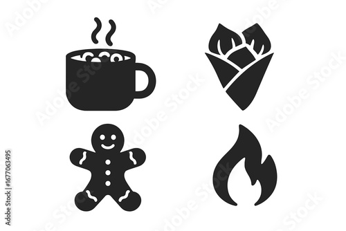 Winter food and drink solid icon set. Vector symbols of hot chocolate, roasted chestnuts, gingerbread cookie and warm fire. Cozy Christmas, holiday, hygge season graphic elements.