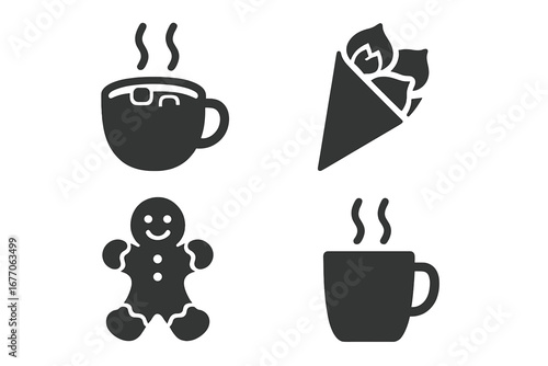 Winter food icons set. Solid glyph vector illustration with hot chocolate, roasted chestnuts, gingerbread man cookie. Holiday comfort food, warm drinks for Christmas design.