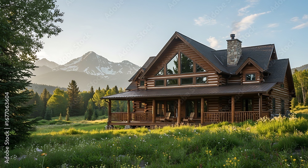 Fototapeta premium Majestic cabin facing mountain range, premium residence