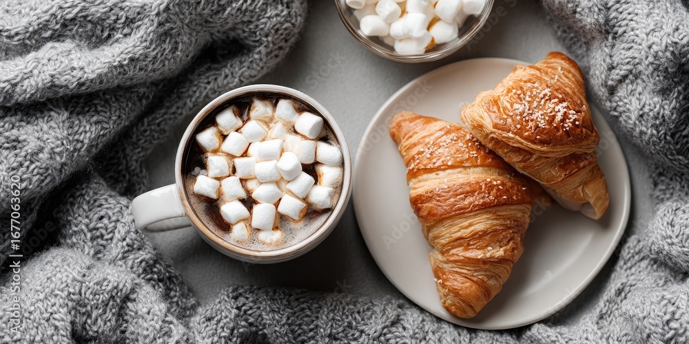 Fototapeta premium Cozy breakfast scene with coffee, marshmallows, and croissants