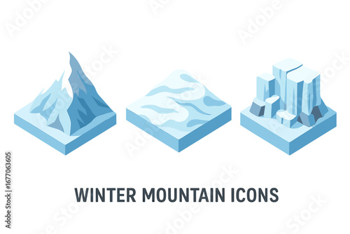 Winter mountain icons set. Isometric flat design vector illustration of snow-capped peak, glacier field, icefall zone. Nature landscape elements for game assets or infographics.