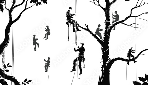 Tree climbers working in forest, arborist rope techniques, tree climbing safety, professional arboriculture training, workers with harness, forest canopy operation