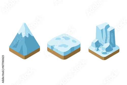 Isometric winter mountain icon set. Vector illustration of a snow-capped peak, glacier field, and icefall zone. Flat design nature elements for game, map, or environment design.
