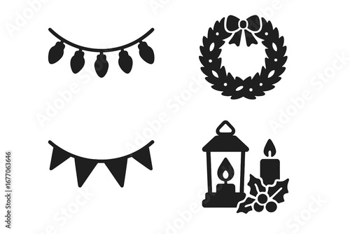 Christmas holiday solid icon set. Winter solstice decorations. Vector glyph collection with fairy lights, wreath, garland, lantern, candle, holly. Festive silhouette symbols.