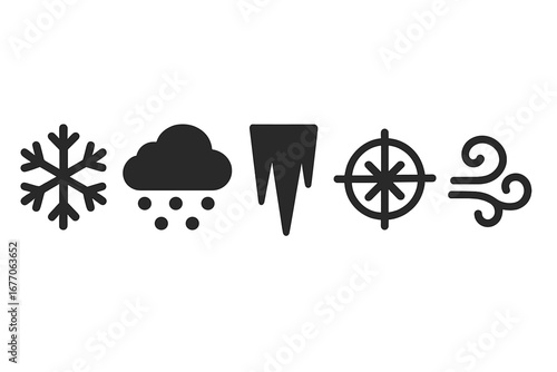 Winter weather solid icon set vector. Snowflake, snow cloud, icicle, frost symbol, and blizzard wind swirl pictogram collection. Cold season glyph illustration.
