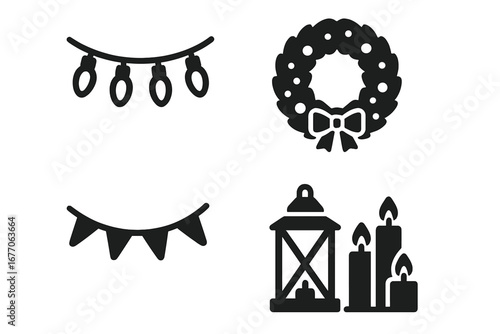 Winter solstice and Christmas solid icon set. Vector glyphs of festive decorations: fairy lights, wreath, garland, lantern, candles. Holiday celebration graphic symbols.