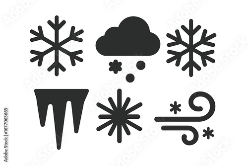 Winter weather solid icon set. Glyph collection of snowflakes, snowing cloud, icicle, wind, and frost symbols. Cold forecast signs for blizzard or snowstorm. Vector silhouette.