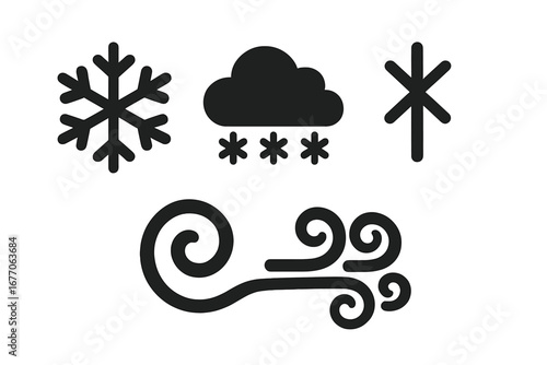 Winter weather solid glyph icon set. Vector collection of black pictograms for forecast app or website. Includes snowflake, snow cloud, frost, and blizzard wind swirl symbols.