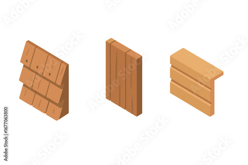 Wood siding icon set. Isometric vector illustration of building materials. Exterior wall cladding, facade panels like cedar shingle, board and batten, and tongue and groove.