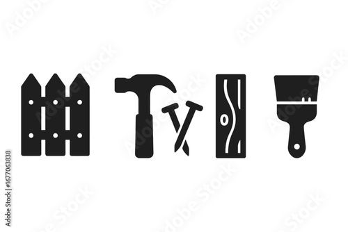 Woodworking and carpentry solid icon set. Vector glyphs of a fence, hammer, nails, wooden plank, and paintbrush for DIY projects, construction, repair, and home improvement.