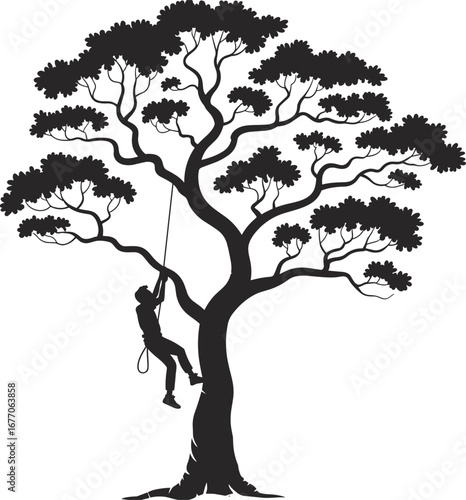 Tree climbing silhouette, rope access arborist, nature adventure concept, black and white illustration, forest tree work, motivational outdoor activity
