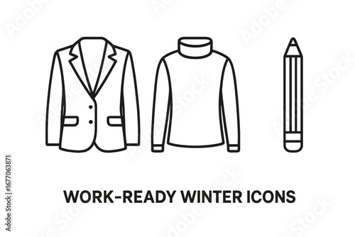 Business winter clothes icon set. Vector line art of professional office fashion: tailored blazer, turtleneck sweater, pencil. Workwear essentials and formal attire concept.