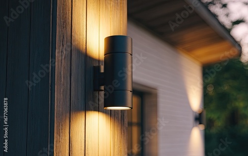 Modern outdoor wall lights illuminate a home's facade