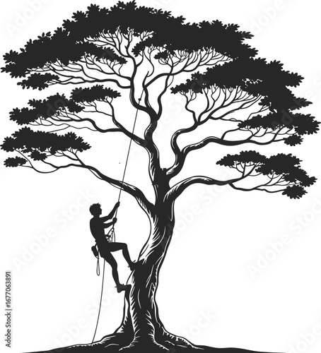 Tree climbing silhouette, rope access arborist, motivational ascend concept, arboriculture climber illustration, forest worker safety gear, outdoor training image