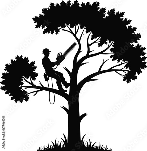 Tree trimming with chainsaw, arborist at work, silhouette illustration, tree pruning safety, professional tree cutter, rope access, forest maintenance