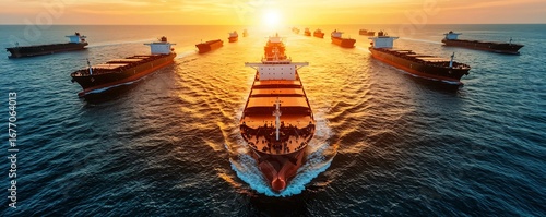 Futuristic shipping port with tankers fueled by biomass maritime energy, symbolizing decarbonization of global trade.