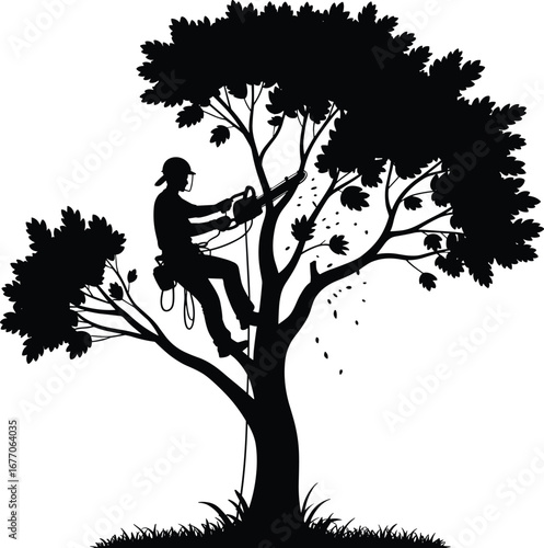 Tree trimming with chainsaw, arborist at work, silhouette illustration, tree pruning safety, professional tree cutter, rope access, forest maintenance