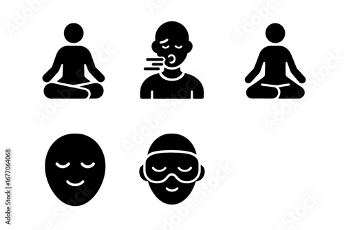 Yoga and meditation glyph icons set for anxiety relief. Mindfulness and mental health concept. Deep breathing exercise, lotus pose, calm face, and sleep mask symbols.