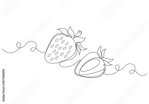 Vector strawberry line art illustrations set, hand drawn botanical outline drawing. Summer fruit. Continuous one line drawing Strawberry fruit