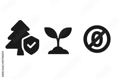 Zero deforestation vector icon set. Forest conservation, protection, and reforestation solid icons. Tree with shield, planting sapling, and no deforestation symbol. Environment concept.