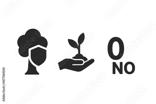 Zero deforestation solid icon set. Reforestation and tree protection concept. Ecology, sustainability, and nature conservation symbols. Climate action vector glyph illustration.