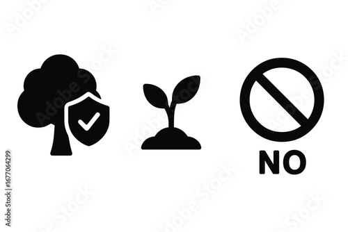 Zero deforestation icon set. Forest protection concept. Reforestation and new growth. Stop logging symbol. Environmental conservation. Sustainability. Ecology care. Tree shield.